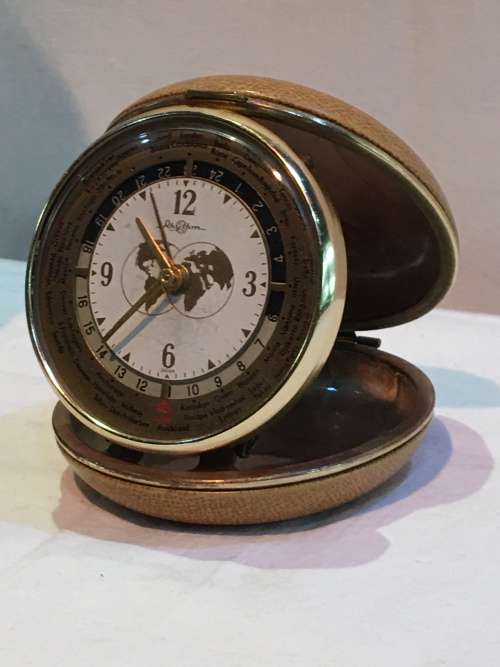 Vintage Rhythm Japan Wind-Up World Time Travel Alarm Mechanical BRASS Clock in Leather Case