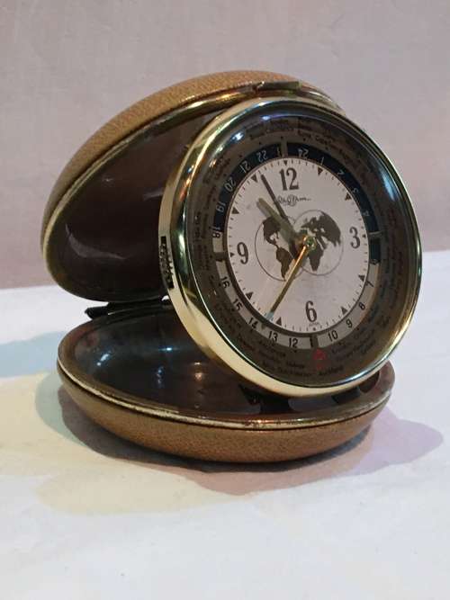 Vintage Rhythm Japan Wind-Up World Time Travel Alarm Mechanical BRASS Clock in Leather Case