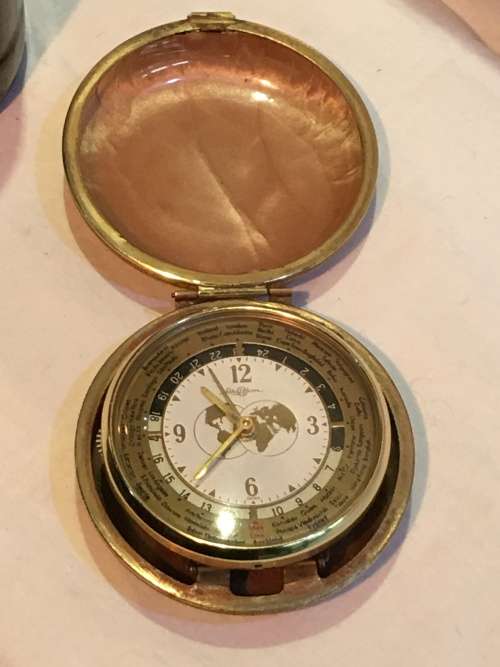 Vintage Rhythm Japan Wind-Up World Time Travel Alarm Mechanical BRASS Clock in Leather Case