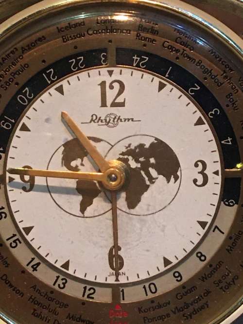 Vintage Rhythm Japan Wind-Up World Time Travel Alarm Mechanical BRASS Clock in Leather Case