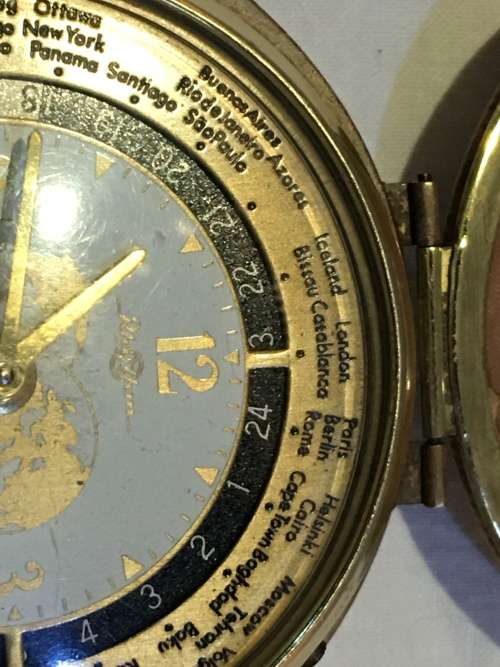 Vintage Rhythm Japan Wind-Up World Time Travel Alarm Mechanical BRASS Clock in Leather Case