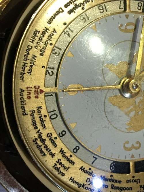 Vintage Rhythm Japan Wind-Up World Time Travel Alarm Mechanical BRASS Clock in Leather Case