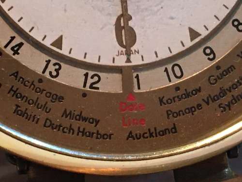 Vintage Rhythm Japan Wind-Up World Time Travel Alarm Mechanical BRASS Clock in Leather Case