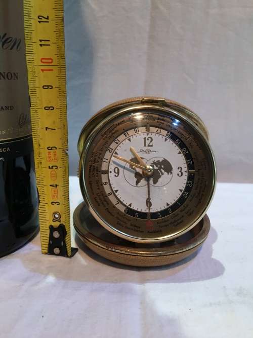 Vintage Rhythm Japan Wind-Up World Time Travel Alarm Mechanical BRASS Clock in Leather Case