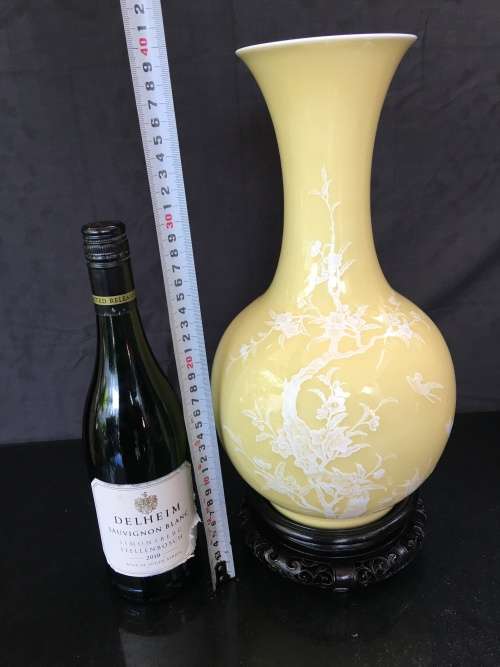 Large Chinese Yellow Prunus Vase with white blossoms on Carved Wood Stand