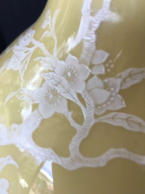 Large Chinese Yellow Prunus Vase with white blossoms on Carved Wood Stand
