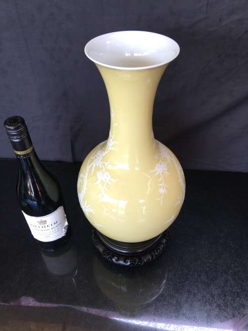 Large Chinese Yellow Prunus Vase with white blossoms on Carved Wood Stand