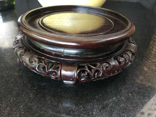 Large Chinese Yellow Prunus Vase with white blossoms on Carved Wood Stand