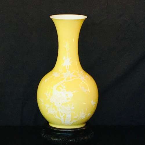 Large Chinese Yellow Prunus Vase with white blossoms on Carved Wood Stand
