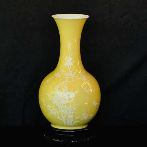 Large Chinese Yellow Prunus Vase with white blossoms on Carved Wood Stand