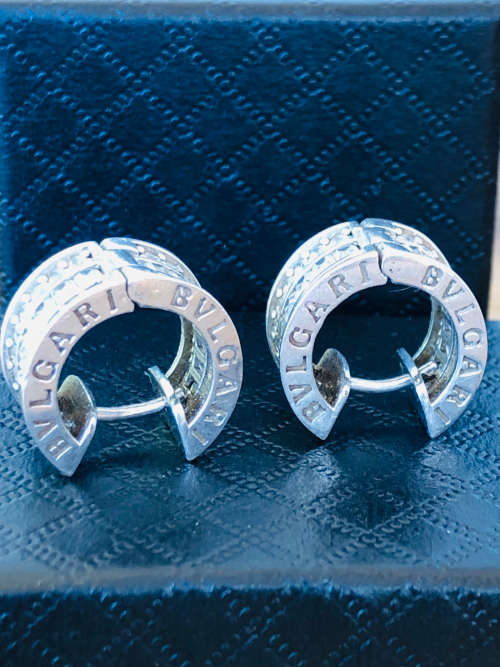 WOW !!! STUNNING PAIR OF BVLGARI STERLING SILVER EARRINGS WITH BUQUETTE CUBIC ZIRCONIA - 10.15g