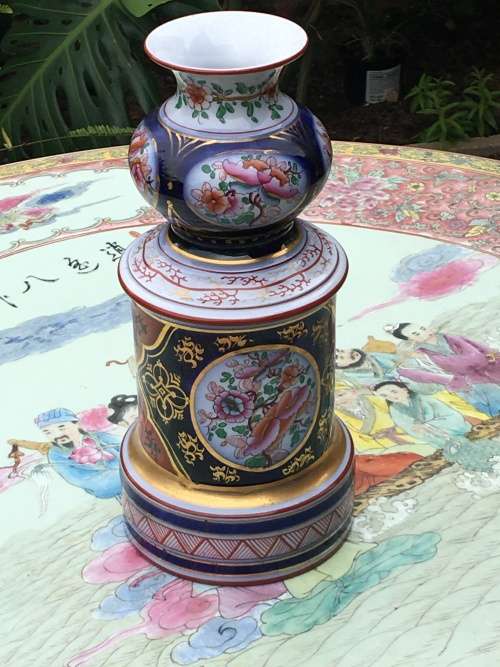 Heavy Large Antique Hand Painted Porcelain Barrel Vase For Lamp Exceptional Piece