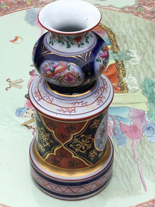 Heavy Large Antique Hand Painted Porcelain Barrel Vase For Lamp Exceptional Piece