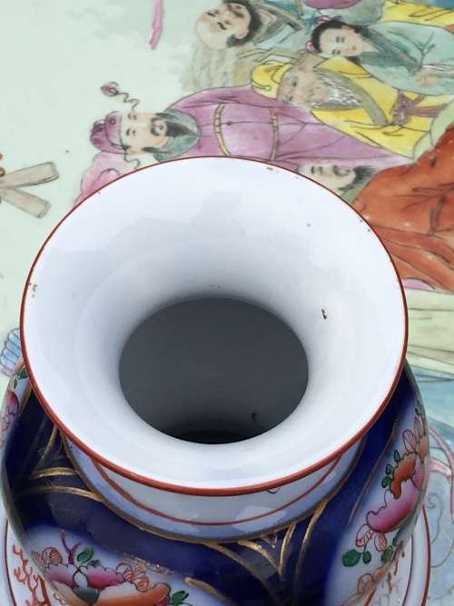 Heavy Large Antique Hand Painted Porcelain Barrel Vase For Lamp Exceptional Piece