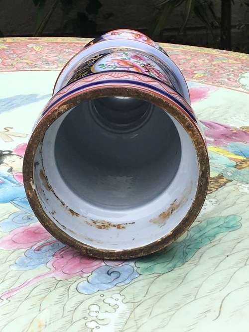 Heavy Large Antique Hand Painted Porcelain Barrel Vase For Lamp Exceptional Piece