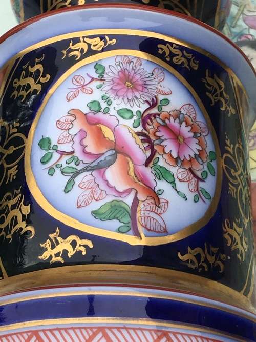 Heavy Large Antique Hand Painted Porcelain Barrel Vase For Lamp Exceptional Piece