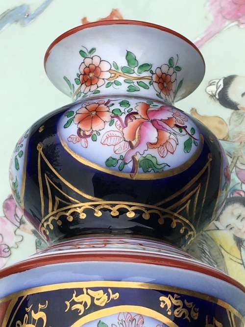 Heavy Large Antique Hand Painted Porcelain Barrel Vase For Lamp Exceptional Piece