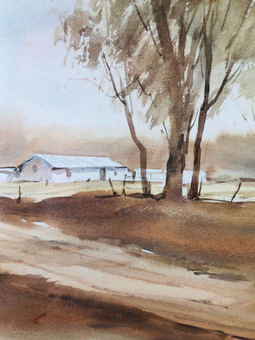 INVESTMENT ART !! GORDON LEGG (SA 1932 -) LARGE ORIGINAL FRAMED WATERCOLOUR - FRANSHOEK COTTAGE