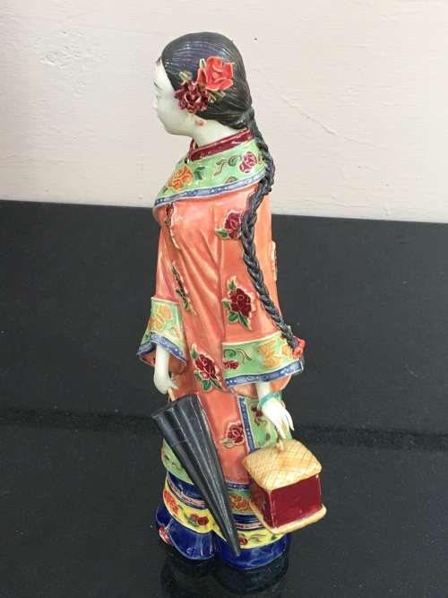 A Signed Chinese Shiwan female figurine hand sculpted and decorated. 30.5 cm tall