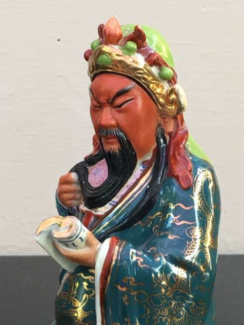 Vintage Signed Chinese Shiwan male figurine hand sculpted and decorated.
