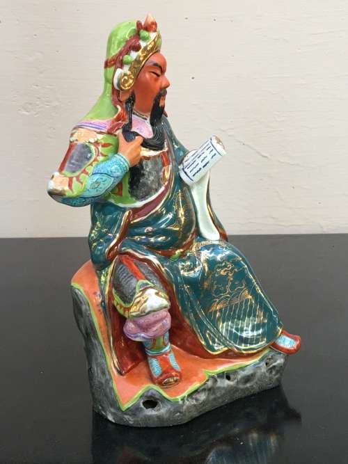Vintage Signed Chinese Shiwan male figurine hand sculpted and decorated.