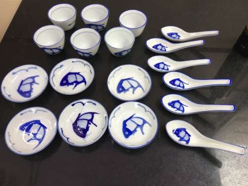 Lovely Lot Blue and White Made In China Marked Tableware Hand Painted Underglaze Fish (Koi)