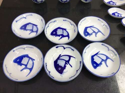 Lovely Lot Blue and White Made In China Marked Tableware Hand Painted Underglaze Fish (Koi)
