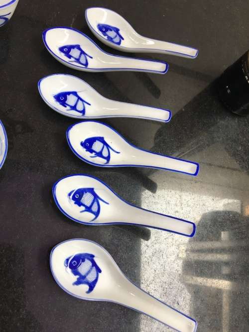 Lovely Lot Blue and White Made In China Marked Tableware Hand Painted Underglaze Fish (Koi)