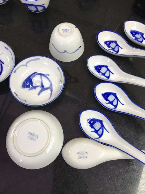 Lovely Lot Blue and White Made In China Marked Tableware Hand Painted Underglaze Fish (Koi)