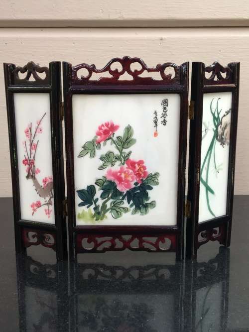 Vintage Signed Chinese wooden carved framed Double sided hand painted stone 3 panel table screen.