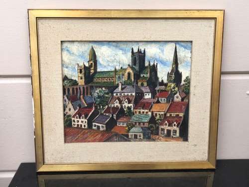 STUNNING VINTAGE OIL ON BOARD CITYSCAPE PAINTING , IN A VINTAGE FRAME