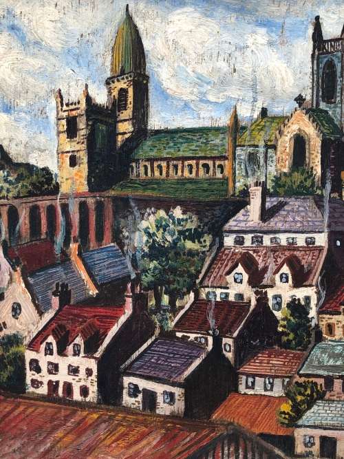 STUNNING VINTAGE OIL ON BOARD CITYSCAPE PAINTING , IN A VINTAGE FRAME