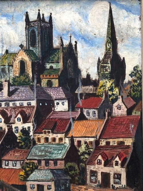 STUNNING VINTAGE OIL ON BOARD CITYSCAPE PAINTING , IN A VINTAGE FRAME
