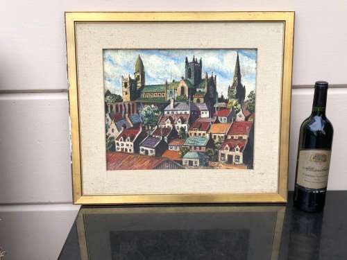 STUNNING VINTAGE OIL ON BOARD CITYSCAPE PAINTING , IN A VINTAGE FRAME