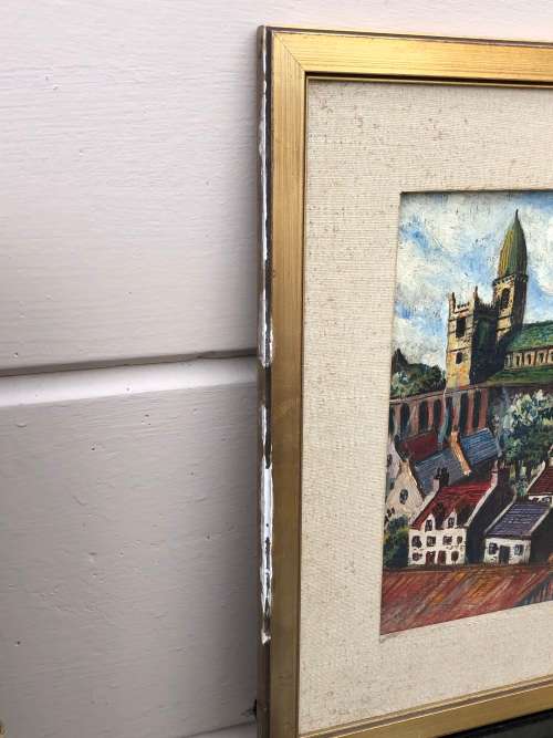 STUNNING VINTAGE OIL ON BOARD CITYSCAPE PAINTING , IN A VINTAGE FRAME