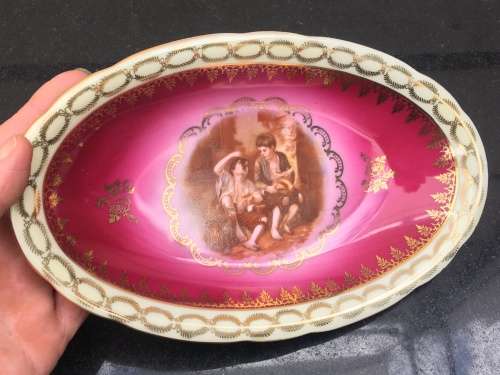 Antique Bavaria Porcelain `Grape and Melon Eaters` By Murillo 1650 Inscribed Sweat Dish Oval.