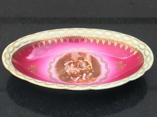 Antique Bavaria Porcelain `Grape and Melon Eaters` By Murillo 1650 Inscribed Sweat Dish Oval.