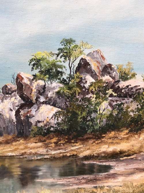 JEAN BONSOR ORIGINAL FRAMED LANDSCAPE OIL ON CANVAS PAINTING FIXED TO BOARD - DATED 1980 !!!!