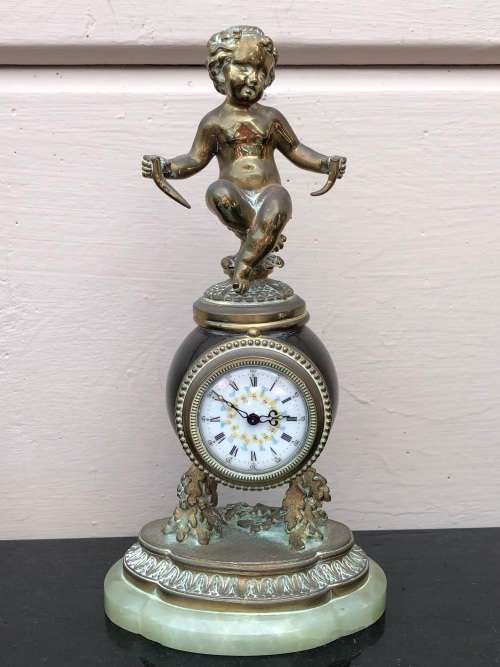 A FIRE GILDED BRONZE ON MARBLE BASE SWISS MADE FRENCH MANTLE CLOCK - WORKING 100%