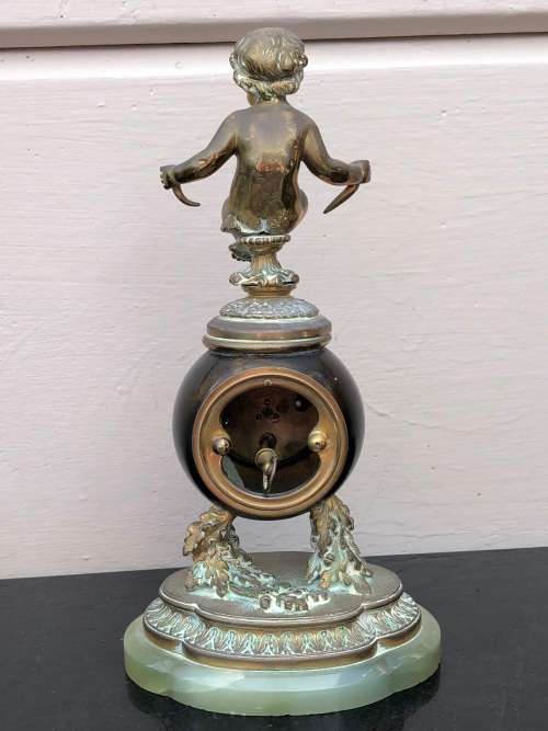 A FIRE GILDED BRONZE ON MARBLE BASE SWISS MADE FRENCH MANTLE CLOCK - WORKING 100%