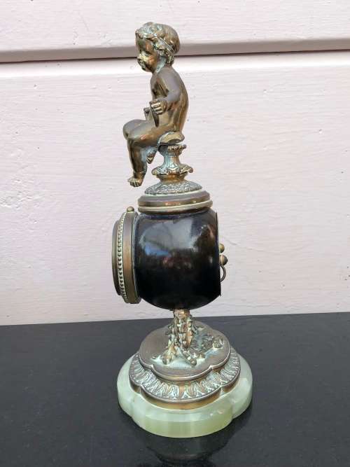 A FIRE GILDED BRONZE ON MARBLE BASE SWISS MADE FRENCH MANTLE CLOCK - WORKING 100%