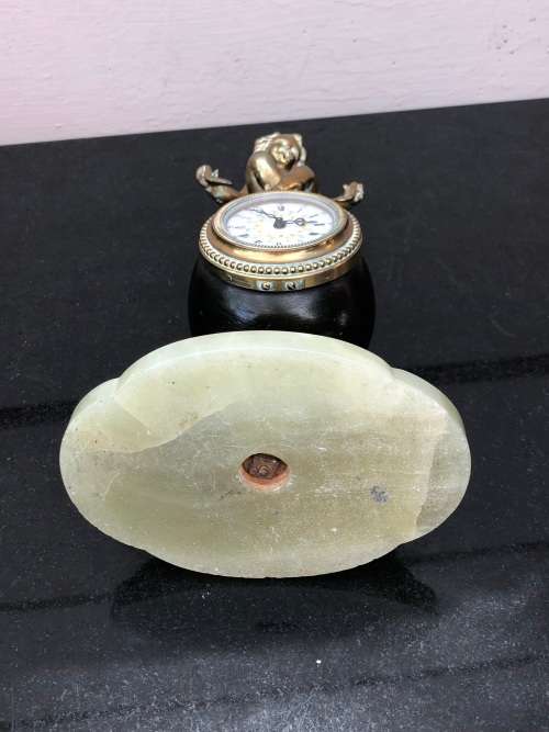 A FIRE GILDED BRONZE ON MARBLE BASE SWISS MADE FRENCH MANTLE CLOCK - WORKING 100%