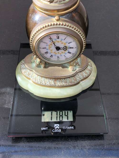 A FIRE GILDED BRONZE ON MARBLE BASE SWISS MADE FRENCH MANTLE CLOCK - WORKING 100%