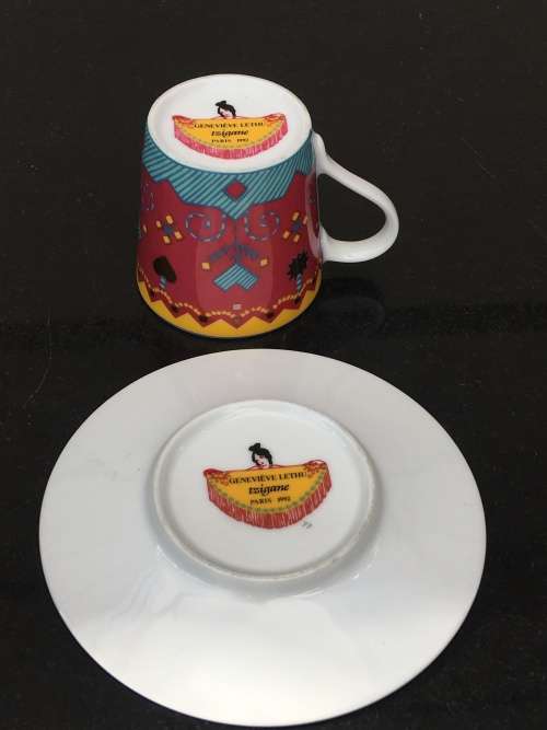 STUNNING GENEVIEVE LETHU TZIGANE PARIS 1992 DEMITASSE CUP AND SAUCER - MINT CONDITION !!!