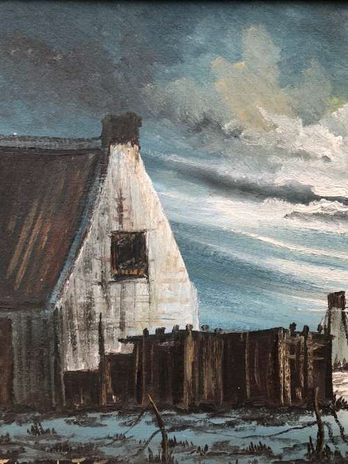 INVESTMENT ART !!! - JOHAN DU TOIT STUNNING FRAMED OIL ON BOARD SEA COTTAGE PAINTING