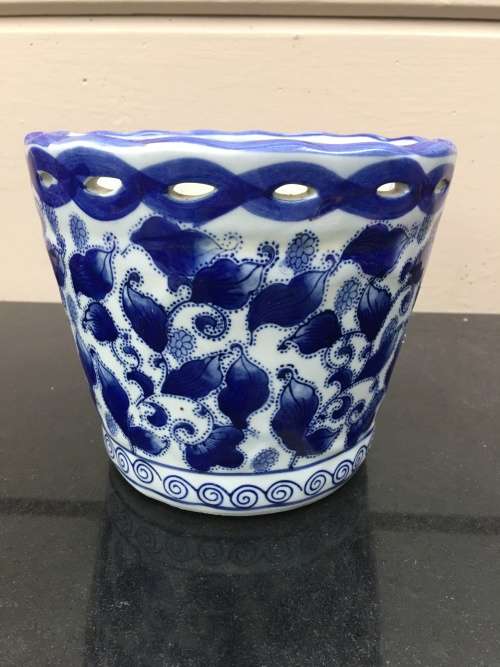 Chinese Pierced Blue and White Genuine Ming Marked Hand Made and Painted Plant Holder
