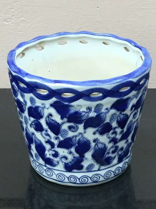Chinese Pierced Blue and White Genuine Ming Marked Hand Made and Painted Plant Holder