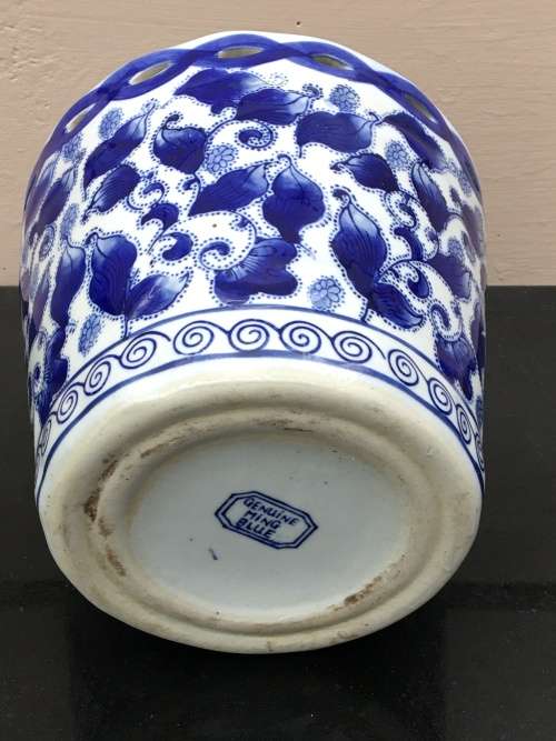 Chinese Pierced Blue and White Genuine Ming Marked Hand Made and Painted Plant Holder