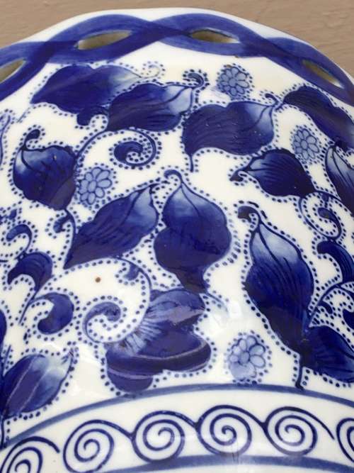 Chinese Pierced Blue and White Genuine Ming Marked Hand Made and Painted Plant Holder