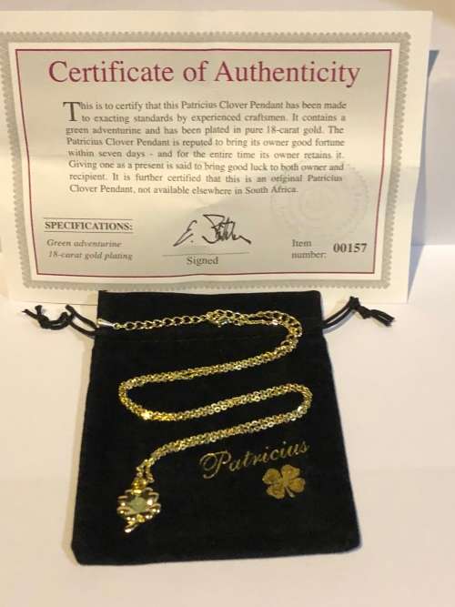 WOW!!! PATRICIUS CLOVER 18ct GOLD PLATED CHAIN WITH GREEN ADVENTURINE PENDANT - No 157